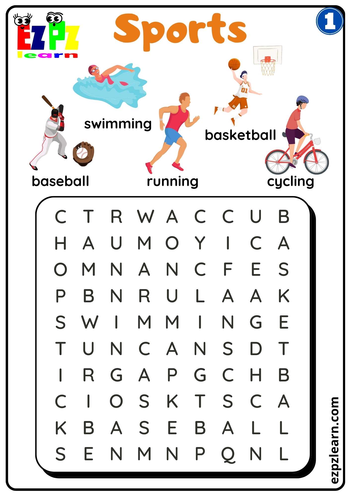 Group 1 Sports Word Search for K5 Kids and ESL Students Free PDF